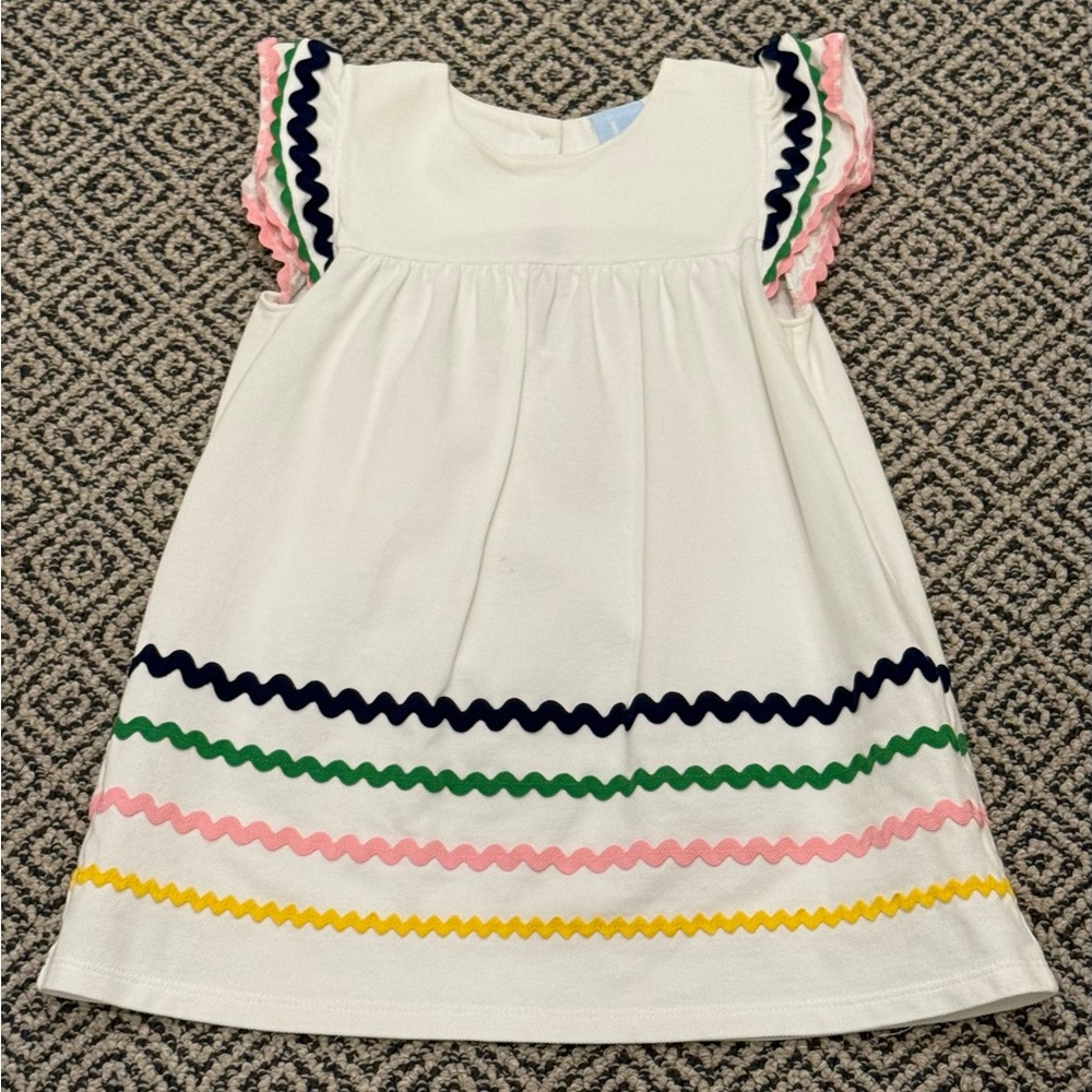 🎉 GUC 🎉 Bella Bliss Sz 4 White Dress with Navy, Green, Pink & Yellow Ric Rac
